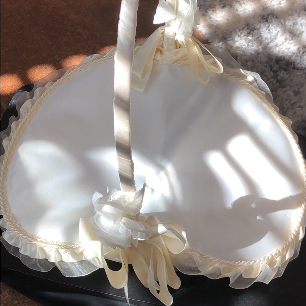 Flower girl basket / baptism basket or crafting. Champagne satin with flowers